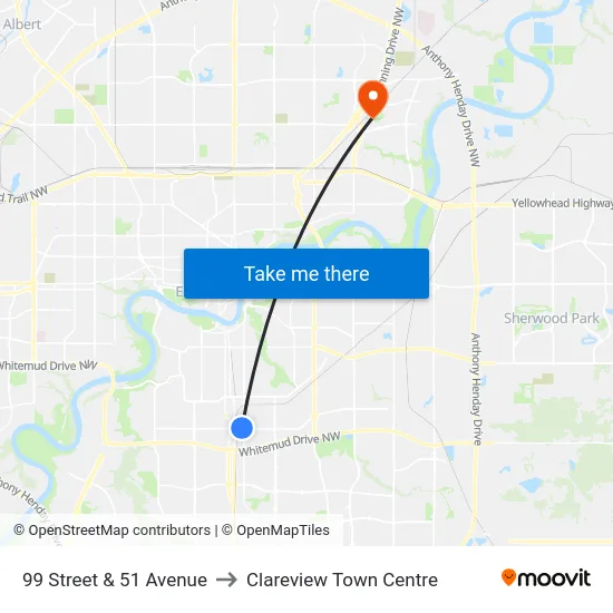 99 Street & 51 Avenue to Clareview Town Centre map