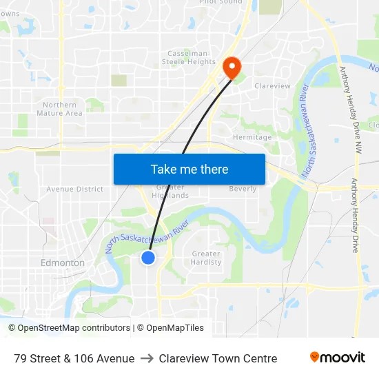 79 Street & 106 Avenue to Clareview Town Centre map