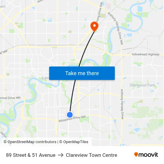 89 Street & 51 Avenue to Clareview Town Centre map