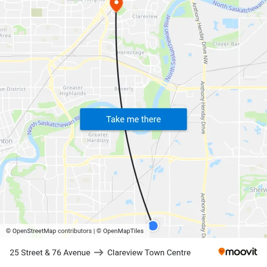 25 Street & 76 Avenue to Clareview Town Centre map