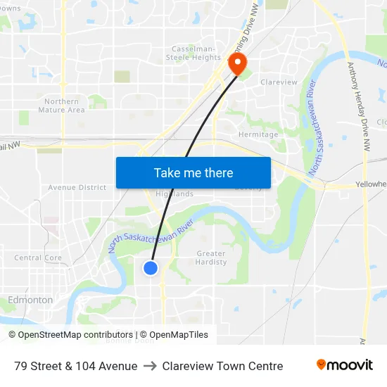 79 Street & 104 Avenue to Clareview Town Centre map
