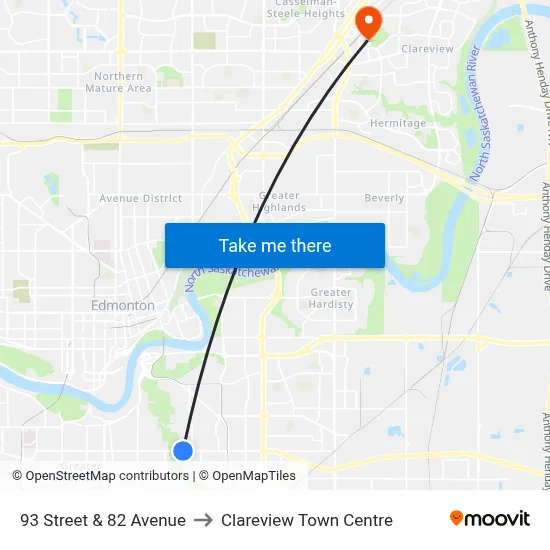 93 Street & 82 Avenue to Clareview Town Centre map