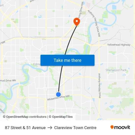 87 Street & 51 Avenue to Clareview Town Centre map