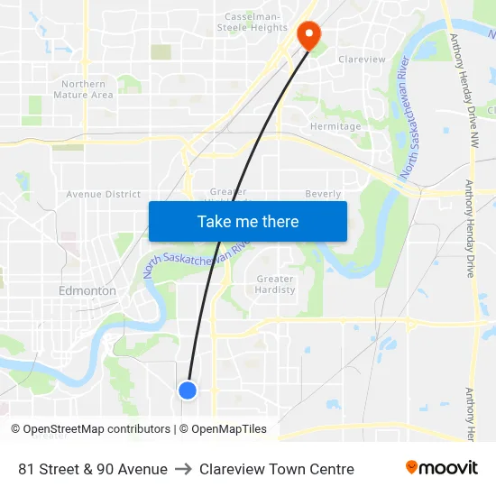 81 Street & 90 Avenue to Clareview Town Centre map