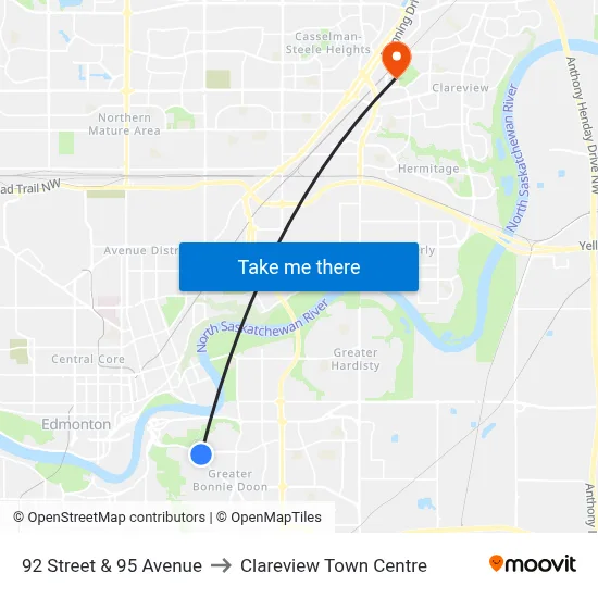 92 Street & 95 Avenue to Clareview Town Centre map