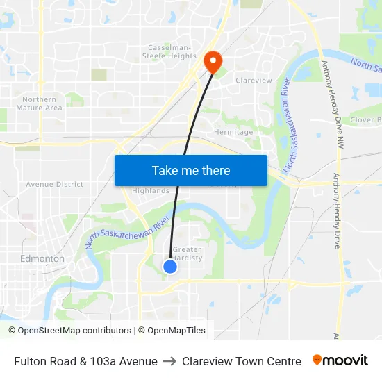 Fulton Road & 103a Avenue to Clareview Town Centre map