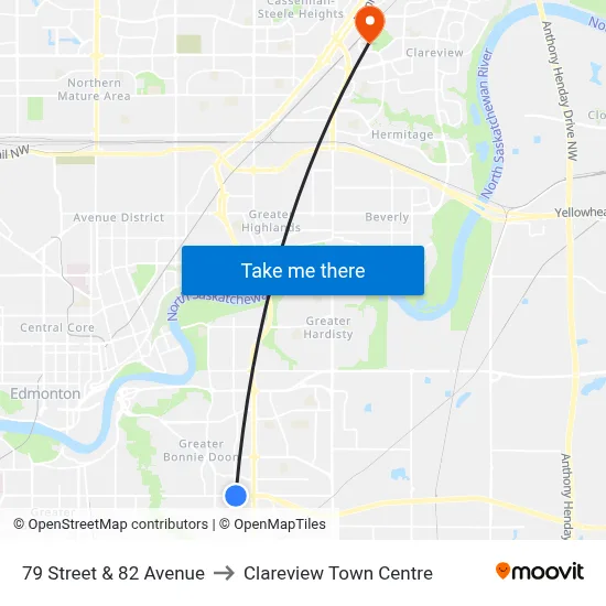 79 Street & 82 Avenue to Clareview Town Centre map
