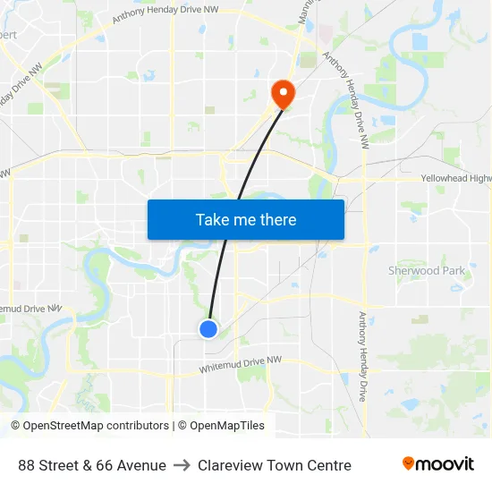 88 Street & 66 Avenue to Clareview Town Centre map