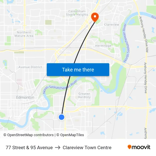 77 Street & 95 Avenue to Clareview Town Centre map