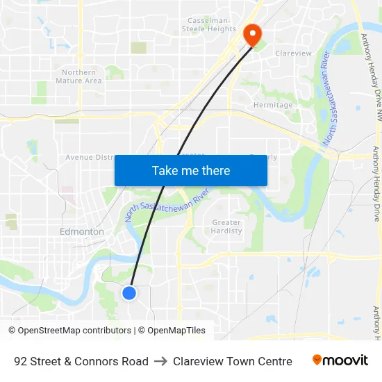92 Street & Connors Road to Clareview Town Centre map