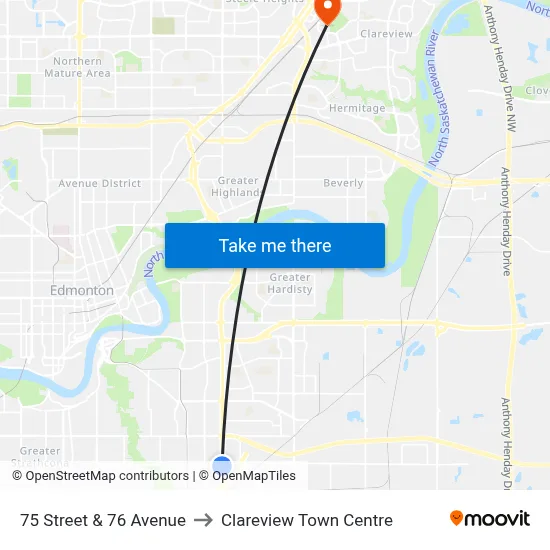 75 Street & 76 Avenue to Clareview Town Centre map