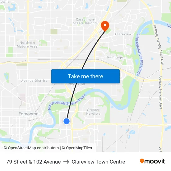 79 Street & 102 Avenue to Clareview Town Centre map
