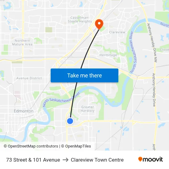 73 Street & 101 Avenue to Clareview Town Centre map