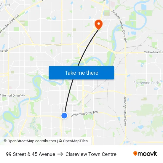99 Street & 45 Avenue to Clareview Town Centre map