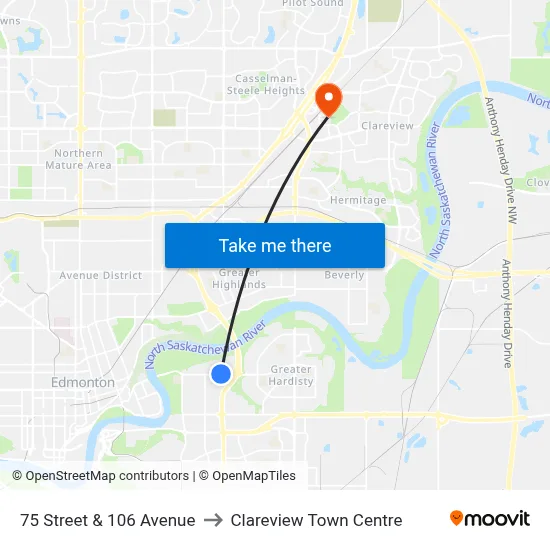 75 Street & 106 Avenue to Clareview Town Centre map
