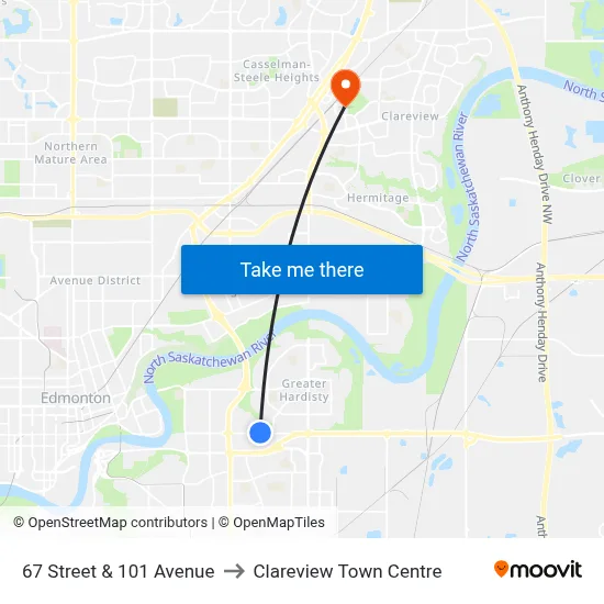 67 Street & 101 Avenue to Clareview Town Centre map