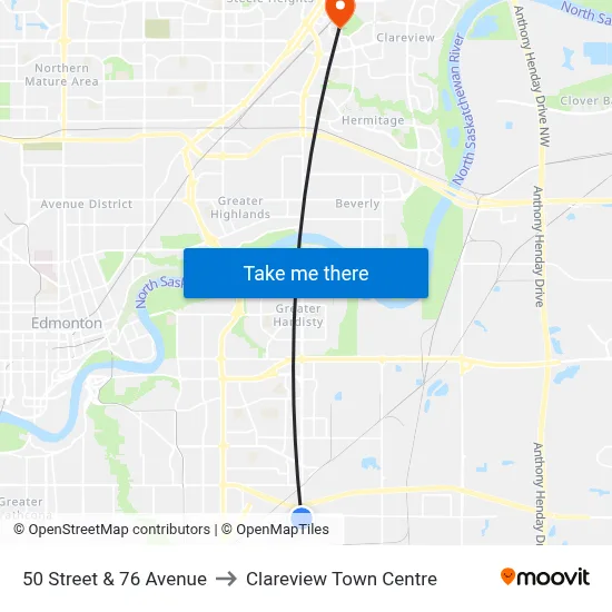50 Street & 76 Avenue to Clareview Town Centre map