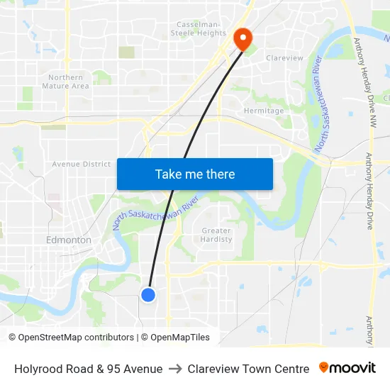 Holyrood Road & 95 Avenue to Clareview Town Centre map