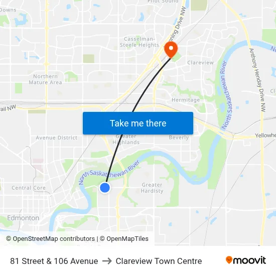 81 Street & 106 Avenue to Clareview Town Centre map