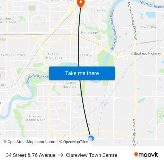 34 Street & 76 Avenue to Clareview Town Centre map