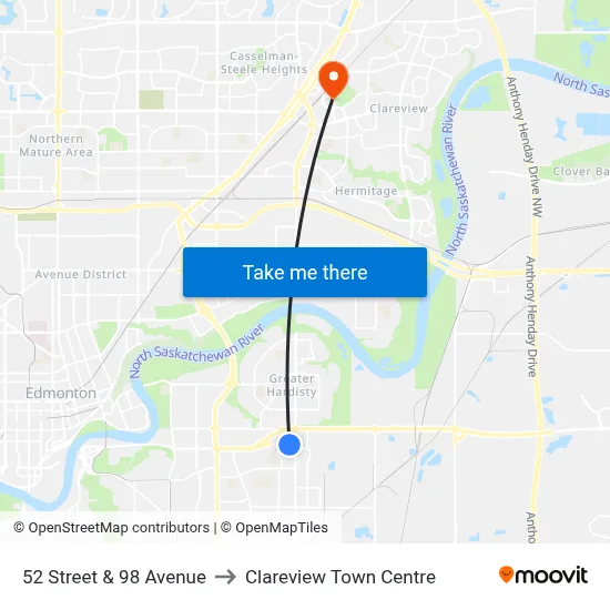 52 Street & 98 Avenue to Clareview Town Centre map