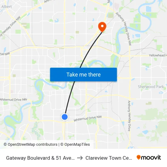 Gateway Boulevard & 51 Avenue to Clareview Town Centre map