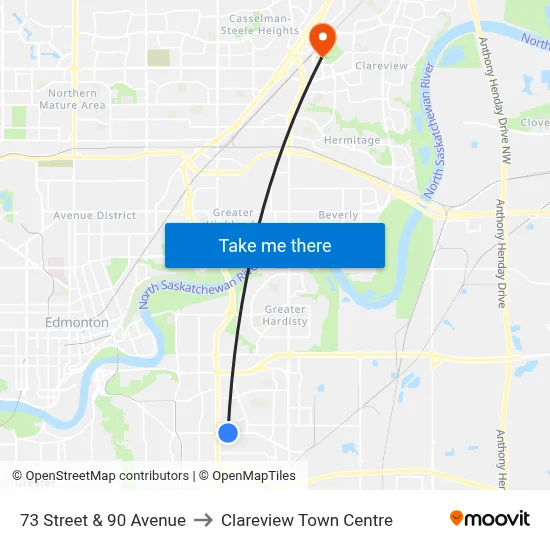 73 Street & 90 Avenue to Clareview Town Centre map