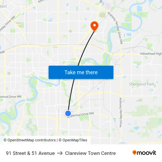 91 Street & 51 Avenue to Clareview Town Centre map
