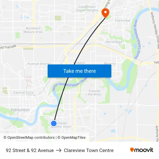 92 Street & 92 Avenue to Clareview Town Centre map