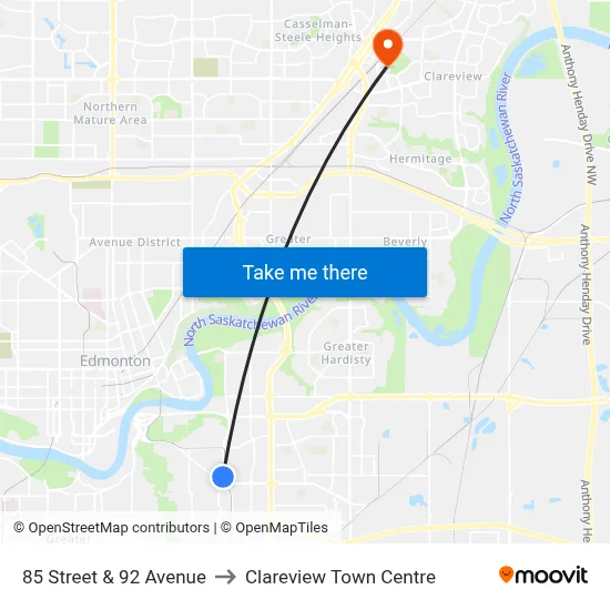 85 Street & 92 Avenue to Clareview Town Centre map