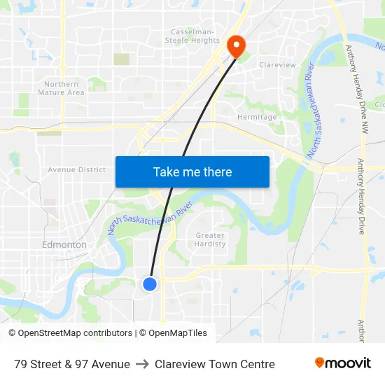 79 Street & 97 Avenue to Clareview Town Centre map