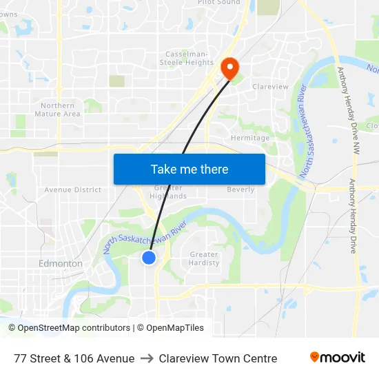 77 Street & 106 Avenue to Clareview Town Centre map