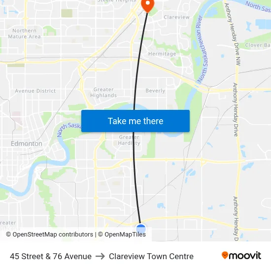 45 Street & 76 Avenue to Clareview Town Centre map