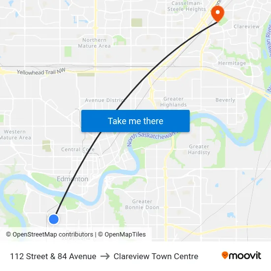 112 Street & 84 Avenue to Clareview Town Centre map