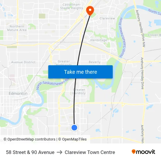 58 Street & 90 Avenue to Clareview Town Centre map