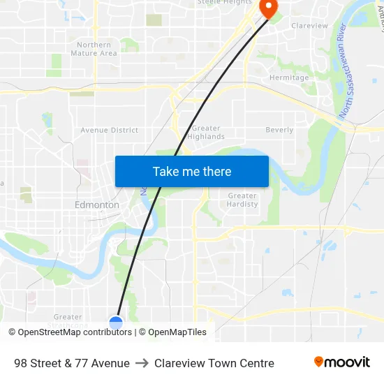 98 Street & 77 Avenue to Clareview Town Centre map