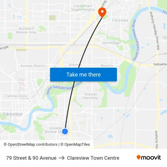 79 Street & 90 Avenue to Clareview Town Centre map