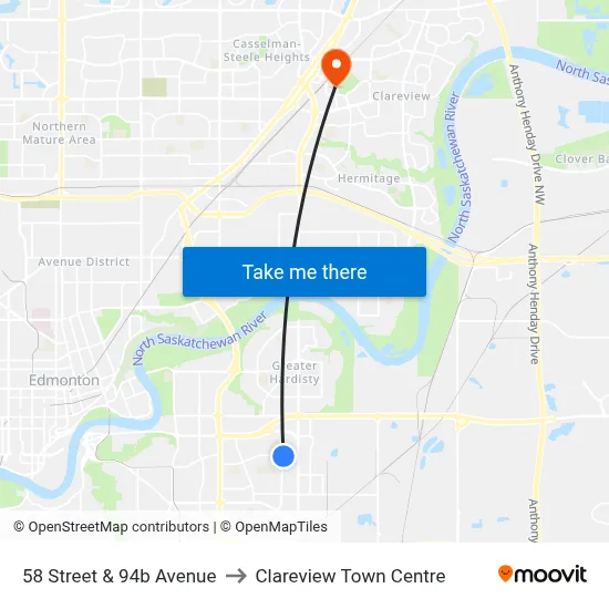 58 Street & 94b Avenue to Clareview Town Centre map