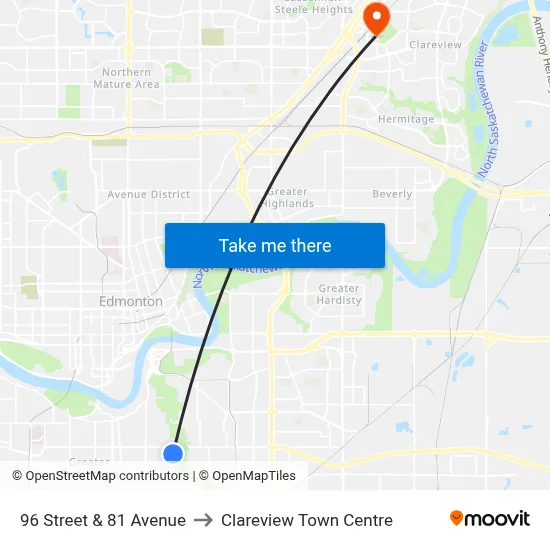 96 Street & 81 Avenue to Clareview Town Centre map