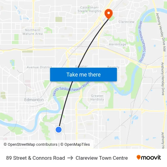 89 Street & Connors Road to Clareview Town Centre map