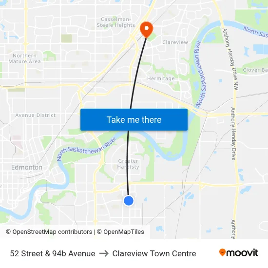 52 Street & 94b Avenue to Clareview Town Centre map