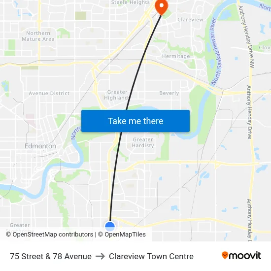75 Street & 78 Avenue to Clareview Town Centre map