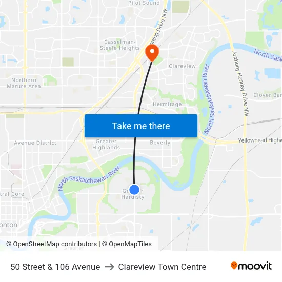 50 Street & 106 Avenue to Clareview Town Centre map
