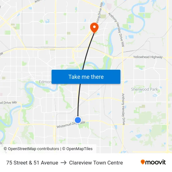 75 Street & 51 Avenue to Clareview Town Centre map