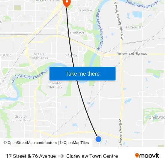 17 Street & 76 Avenue to Clareview Town Centre map