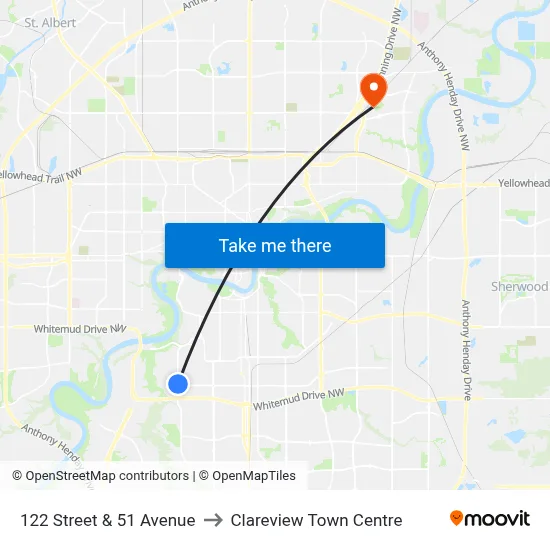 122 Street & 51 Avenue to Clareview Town Centre map