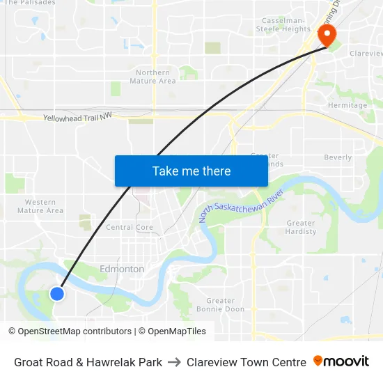 Groat Road & Hawrelak Park to Clareview Town Centre map
