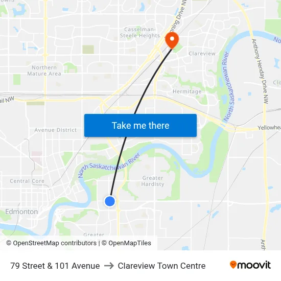 79 Street & 101 Avenue to Clareview Town Centre map