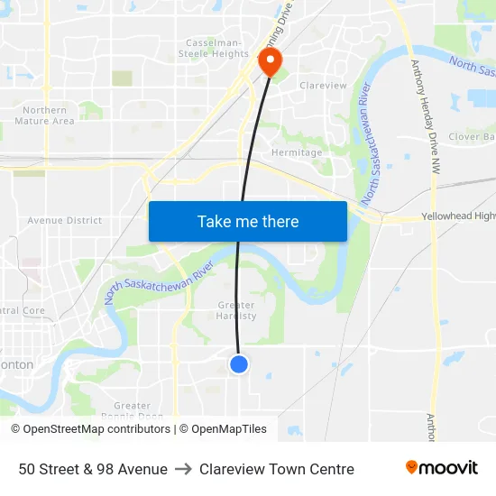 50 Street & 98 Avenue to Clareview Town Centre map