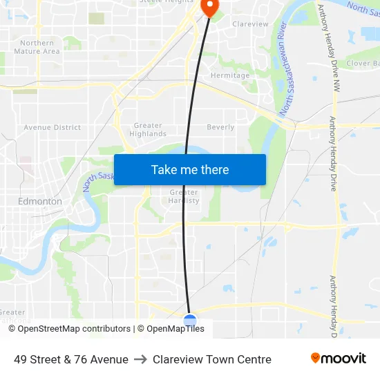49 Street & 76 Avenue to Clareview Town Centre map